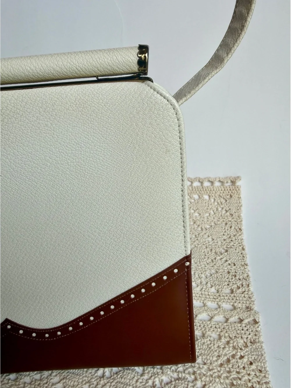 Vintage 1950s 60s Naturalizer Handbag Cream Brown Two Tone Frame Purse